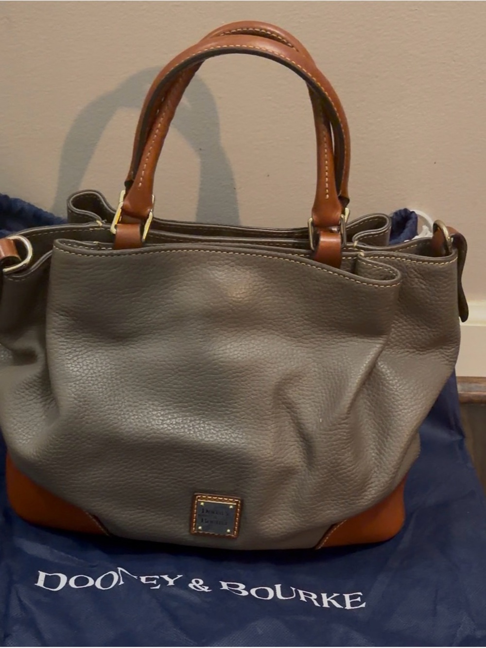 Dooney & Bourke Gray Leather Tote with Brown Trim and Handles